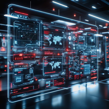 This high-tech image showcases a futuristic data network interface with floating documents in a modern digital workspace. Ideal for technology and innovation themes.の素材