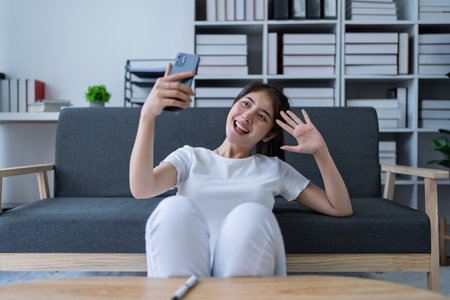 Young woman happily waving and taking a selfie while relaxing on a cozy sofa indoors in a modern living space.の写真素材