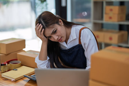 Young woman engaged in online business with stress thoughtful within data products Sales did not meet target Selling products of This month.の写真素材