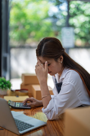 Young woman engaged in online business with stress thoughtful within data products Sales did not meet target Selling products of This month.の写真素材