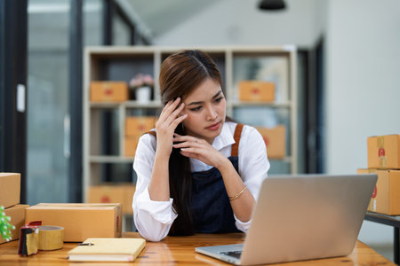 Young woman engaged in online business with stress thoughtful within data products Sales did not meet target Selling products of This month.の写真素材