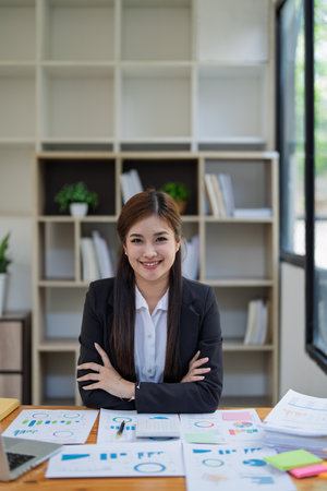 Confident business woman smiling Show successful gestures at her desk with market charts and documents in office.の写真素材