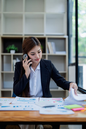 Professional businesswoman engaged in smartphone call by calculator to calculate finance with using stock marketing charts, notebook, and laptop in office.の写真素材