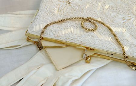 White beaded purse and gloves.の写真素材
