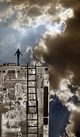 Person on top of technology with dramatic sky concept.の写真素材