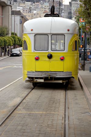 Old fashioned electric trolley car in San Francisco near Fisherman's Warf.のeditorial素材