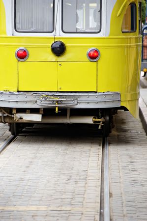Old fashioned electric trolley car in San Francisco near Fisherman's Warf.の写真素材