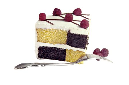 Checkerboard Cake with Raspberries on a white background.の写真素材