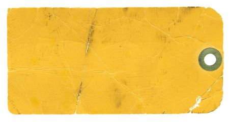 Blank, yellow, grungy, dirty, stained tag on a white backgroundの写真素材