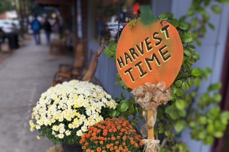 Harvest Time signage outside a store in a small town showing the sidewalkの写真素材