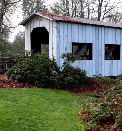 View of the Centennial covered bridge in Cottage Grove, Oregon