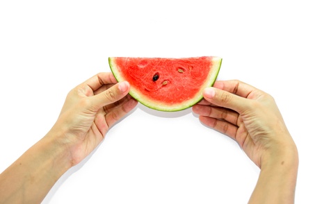 two girl hand hold water melon with drop shadow isolated on white backgroundの写真素材