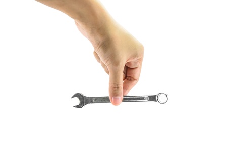 girl hand pick wrench steel isolated on white background