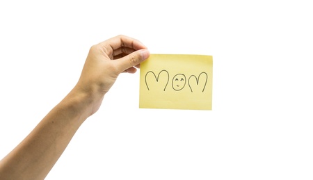 young hand hold some word on yellow  paper isolated on white packground