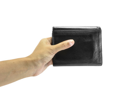 girl hand hold old balck leather wallet isolated on white background