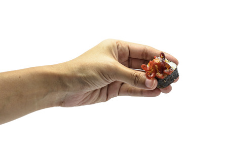 girl hand hold sushi food with isolated on white background