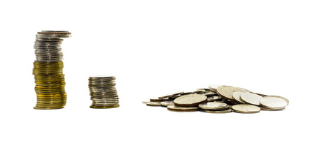 gold and silver coins thailand isolated on white backgroundの写真素材