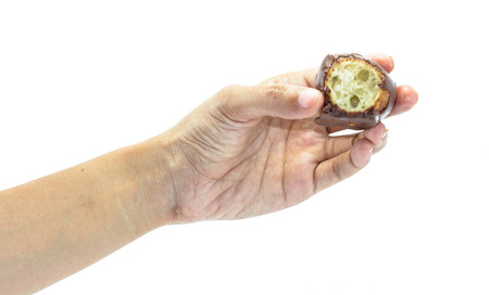 girl hand hold donuts food isolated on white backgroundの写真素材