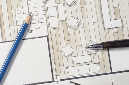 Interior works sketch paper concept about plan with pen and pencilの写真素材