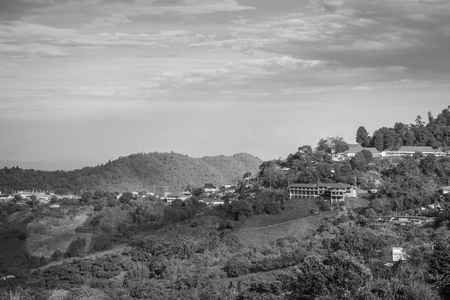 mountain nature field and small village with retro filterの写真素材