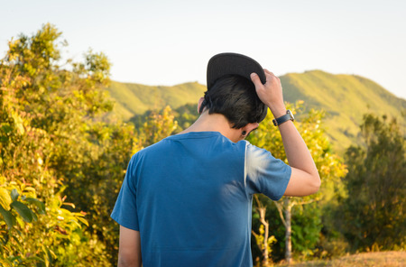 man standing on top of mountain natureの写真素材