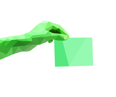 polygon human hand. low poly illustration. polygonal left hand holding small paper note isolated on white backgroundの写真素材