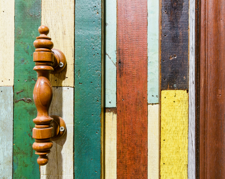 wood old style wall pattern and wood door handleの写真素材