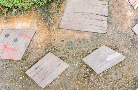 concrete floor and Old wood block at outdoorの写真素材