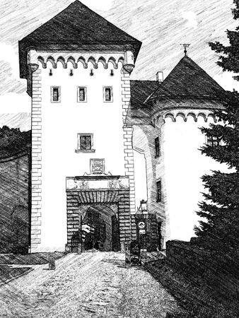 Entrance to castle Velke Mezirici, Czech Republik,Moravia, illustrationのeditorial素材