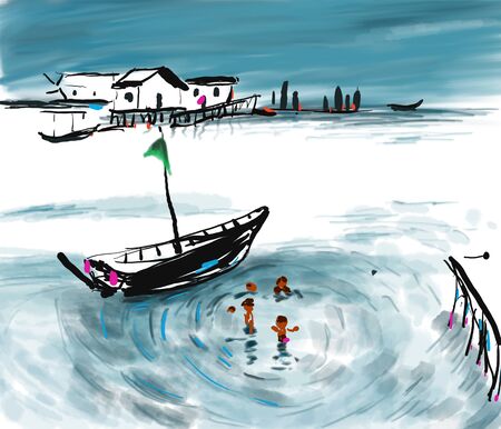 river life hand drawn illustration,art design,wallinspirationの写真素材