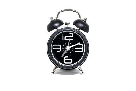 Black alarm clock isolated on a white backgroundの写真素材
