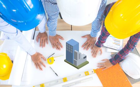 Top view architecture and engineering consult blueprint builder Backgroundの写真素材