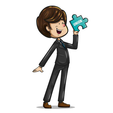 Cheerful and funny businessman dressed in dark suit, aquamarine tie and brown shoes, posing with a puzzle fiche in his hand. vector illustration on white backgroundのイラスト素材