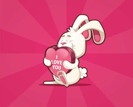 Happy rabbit in love, running with a big heart with text with ears back, hairy tail and raised foot on a background of 2 shades of pinkのイラスト素材