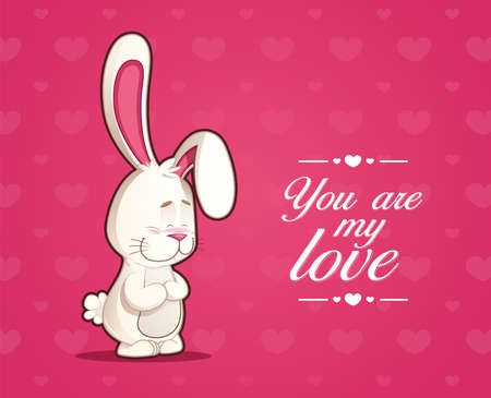 Card of shy rabbit in love, blushing with hearts background and the text you are my loveのイラスト素材