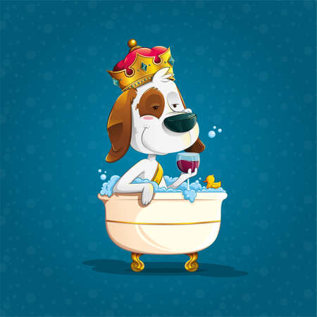 cute elegant dog bathing with crown in an old bathtub with soapy foam holding a glass of wine accompanied by a rubber duck on blue bubble backgroundのイラスト素材