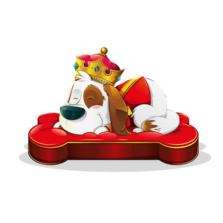 Cute sleeping dog dressed as a king with a crown, on a red bone-shaped bed on white backgroundのイラスト素材