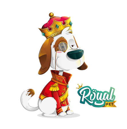 Funny stylish cartoon dog sitting dressed up as king with crown, red suit and eye monogram on white background and extra royal pet logoのイラスト素材