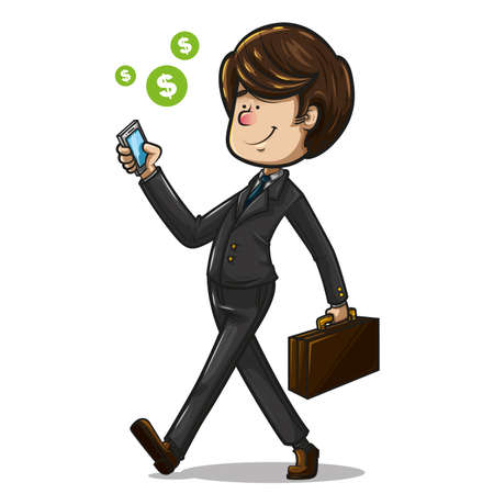 businessman with dark suit, aquamarine tie and brown shoes, along with a brown briefcase and in his hand to cellphone, accompanied by money signs. Illustration on white backgroundのイラスト素材