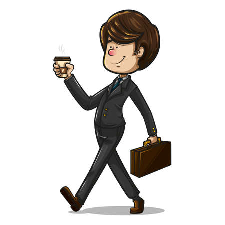 Cheerful brown haired businessman dressed in dark suit, aquamarine tie and brown shoes walking with his briefcase and a cup of coffeeのイラスト素材