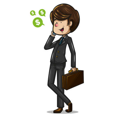 Cheerful brown-haired businessman, dressed in dark suit, aquamarine tie and brown shoes with a portfolio talking on the phone about money. illustration on white backgroundのイラスト素材