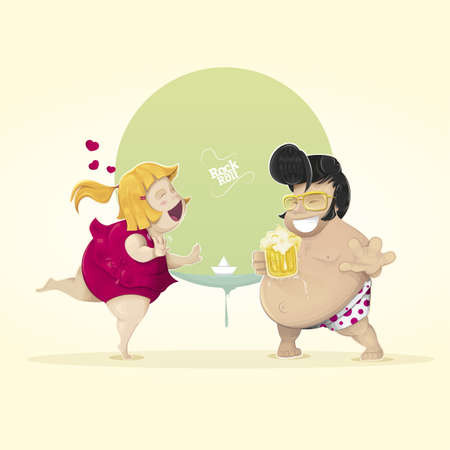 Extremely happy fat guys enjoying the summer on the beach, with a beer in hand, fuchsia dots bathing suit and gold glasses, and she runs towards the girl in a fuchsia bath dress.のイラスト素材