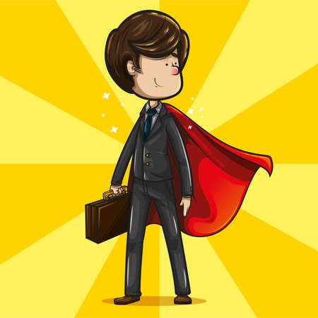 Cheerful and fun businessman, with brown hair, dark suit dress, aquamarine tie and brown shoes, with super hero pose and a red cape wafting on his back.のイラスト素材