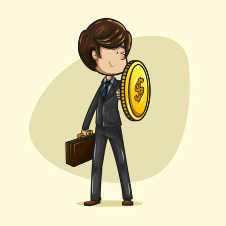Cheerful brown-haired businessman, dressed in dark suit, aquamarine tie and brown shoes standing holding a shield made of a coin.のイラスト素材