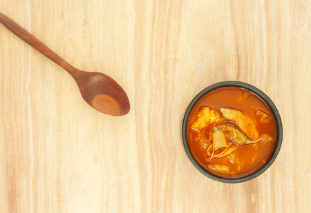 Spicy sour soup vegetable on wooden background, Food summer seasonの写真素材