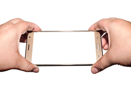Hand with smartphone isolated on white background
