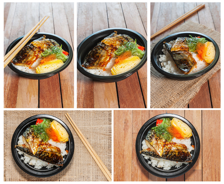 All collection japanese food style, Saba fish grilled set with rice on wooden table in still life styleの写真素材