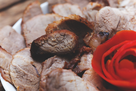 Chinese food, Closeup fried pork with rice on wooden backgroundの写真素材