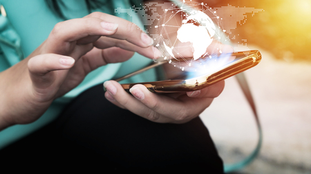 Network global world map internet networking people concept, Hand women with smartphone mobile online social networkの写真素材