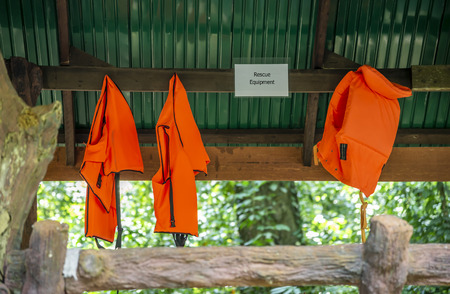 Life jacket hung for tourists and staff when drowning accident blurred backgroundの写真素材